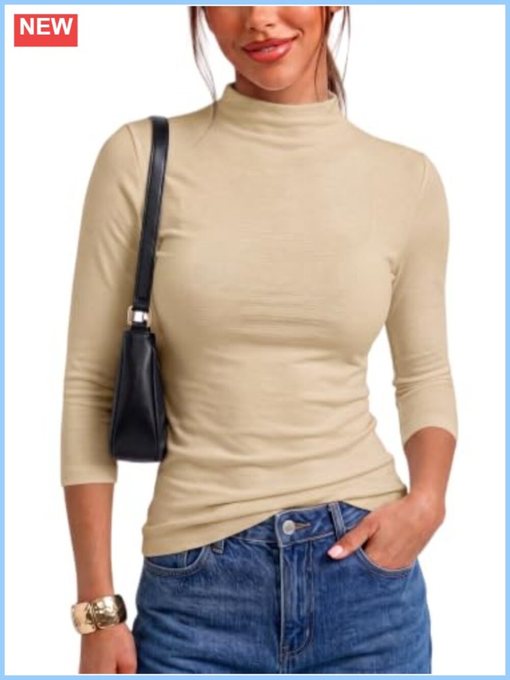 Mock Neck 3/4 Sleeve Slim Fit Layering Top - Fall Shirt